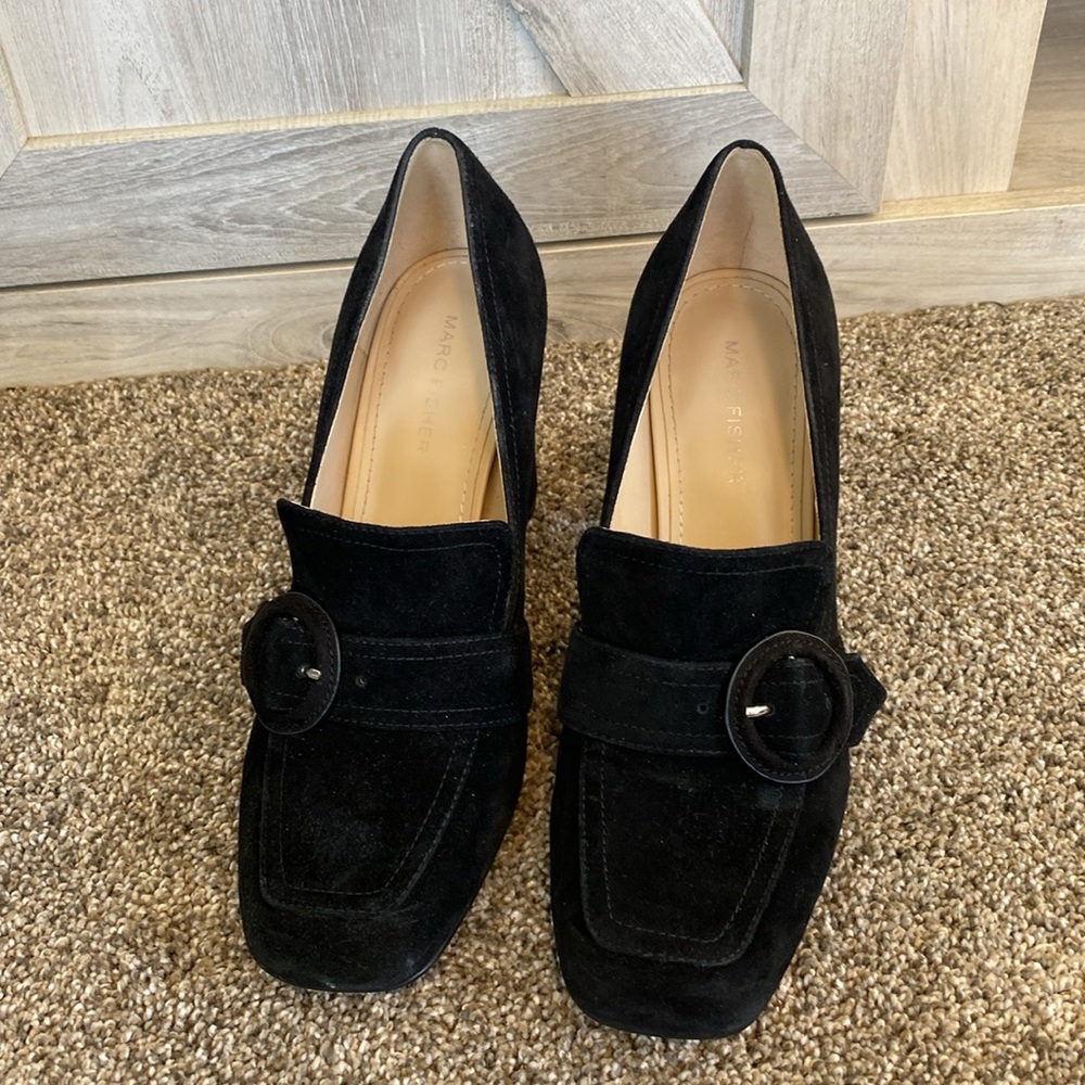 Marc Fisher suede black buckled heeled loafer Heel Platform Gucci 8.5